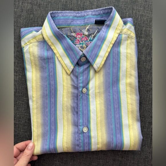 Robert Graham Shirt Mens Stripe Flip Cuff Button Up Floral Embroidered Sz XL - Picture 7 of 15